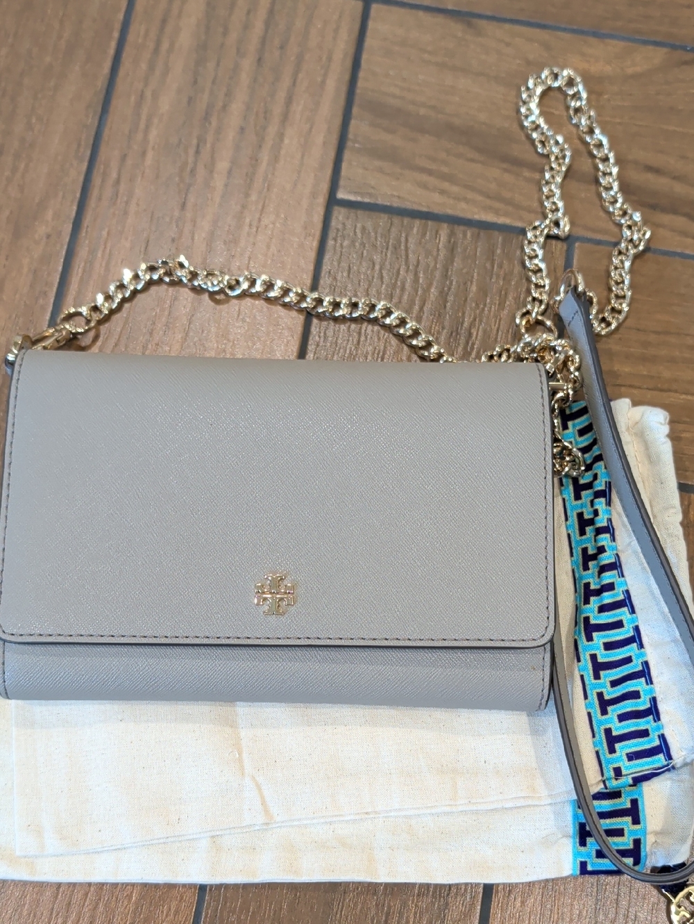 Tory Burch Light Warm Gray Saffiano Leather Chain Crossbody